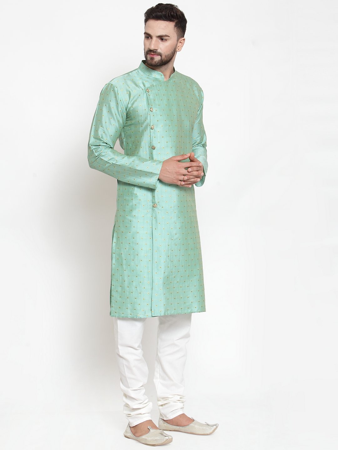 Men's Sky-Blue & Golden Self Design Kurta with Churidar ( JOKP 590 Sky ) - Virat Fashions