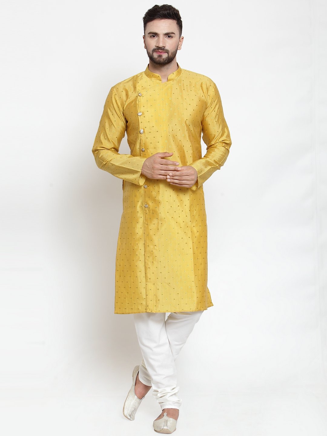 Men's Yellow & Golden Self Design Kurta Only ( KO 590 Yellow ) - Virat Fashions