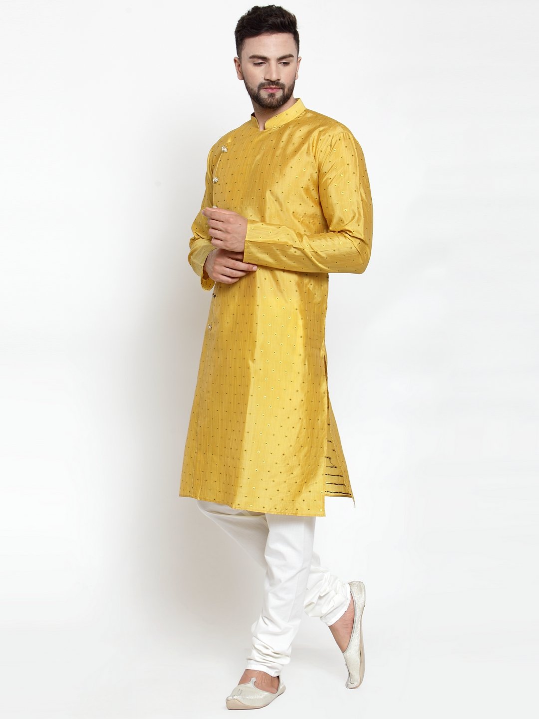 Men's Yellow & Golden Self Design Kurta with Churidar ( JOKP 590 Yellow ) - Virat Fashions