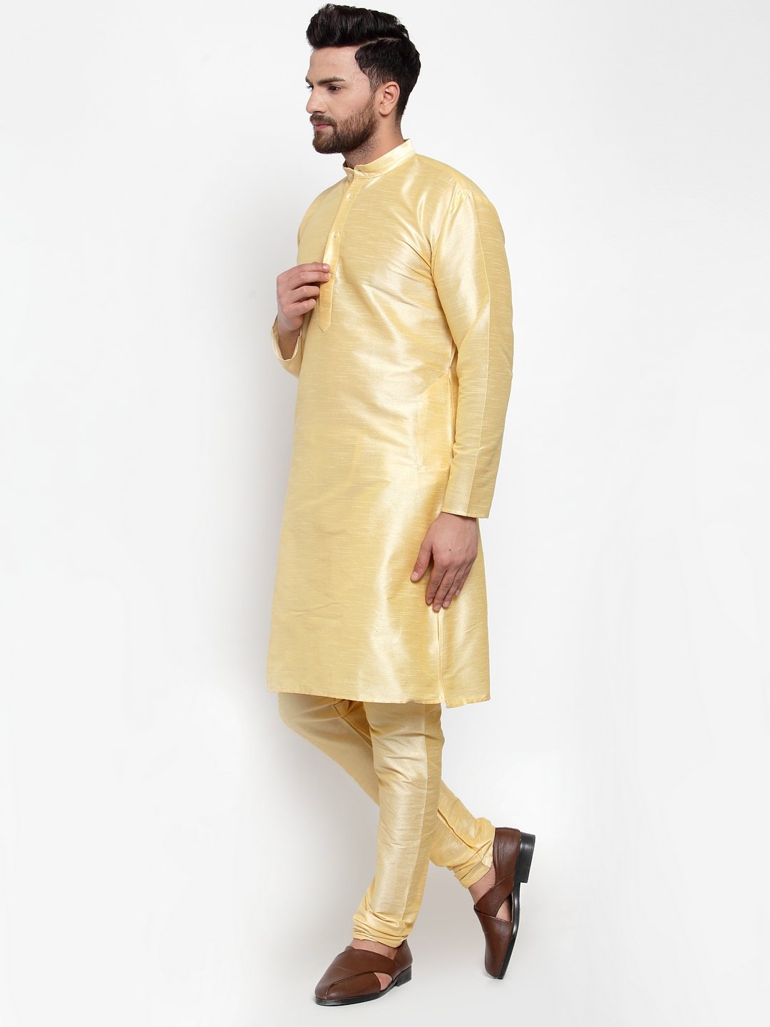 Men's Golden Solid Kurta with Churidar ( JOKP 591 Golden ) - Virat Fashions