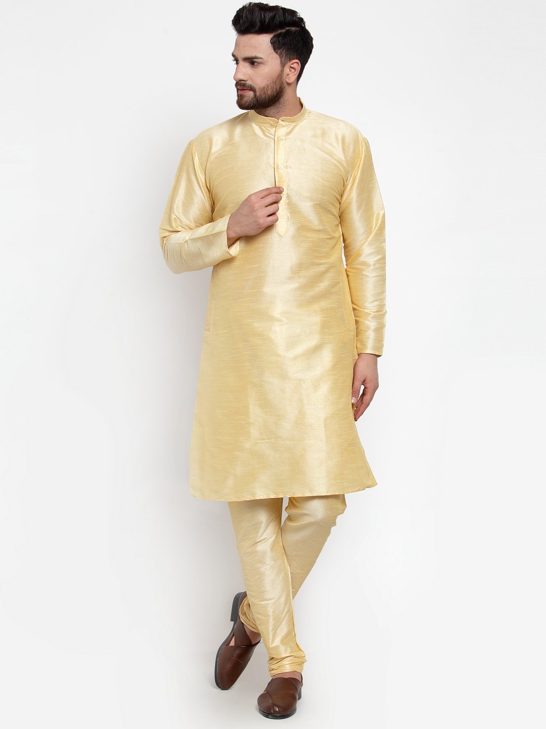 Men's Golden Solid Kurta with Churidar ( JOKP 591 Golden ) - Virat Fashions