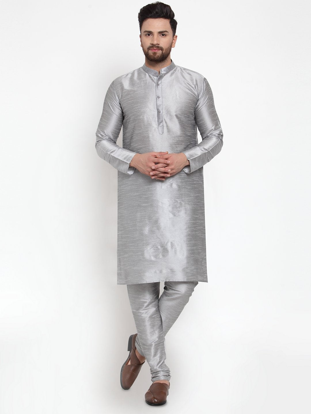 Men's Silver Solid Kurta with Churidar ( JOKP 591 Silver ) - Virat Fashions