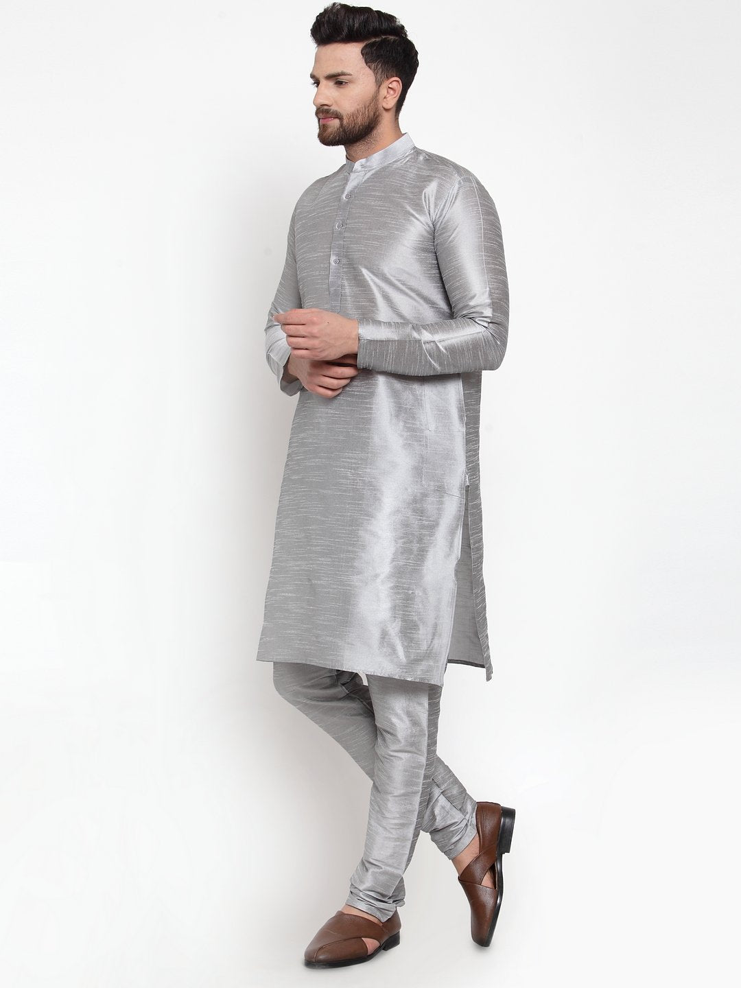 Men's Silver Solid Kurta with Churidar ( JOKP 591 Silver ) - Virat Fashions
