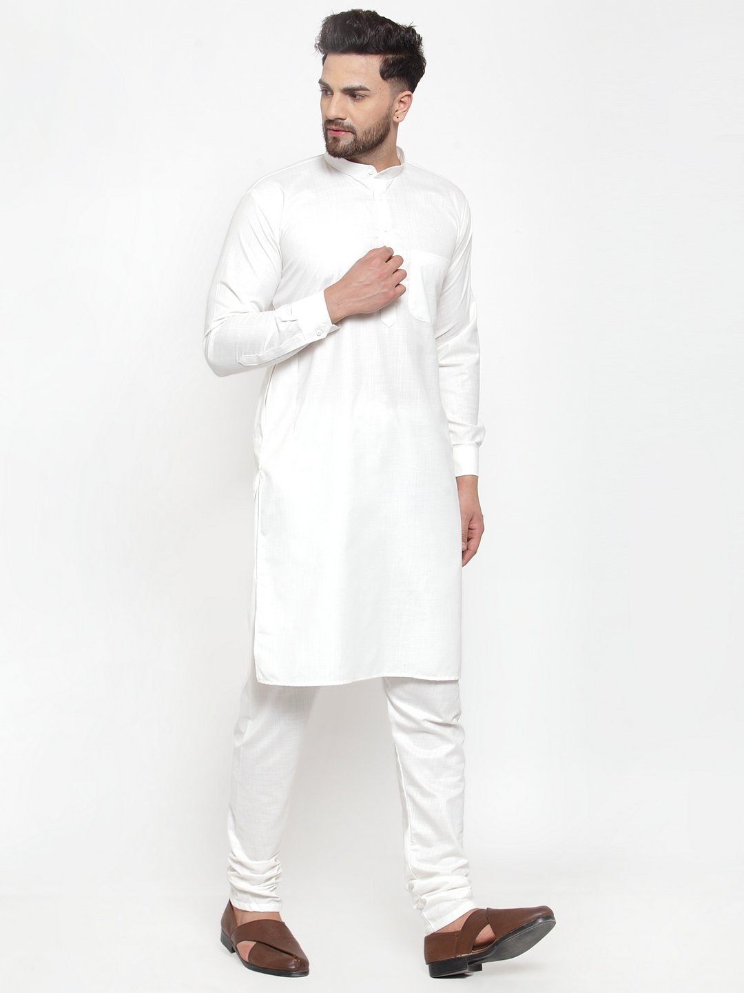 Men's White Solid Kurta with Churidar ( JOKP 592 White ) - Virat Fashions