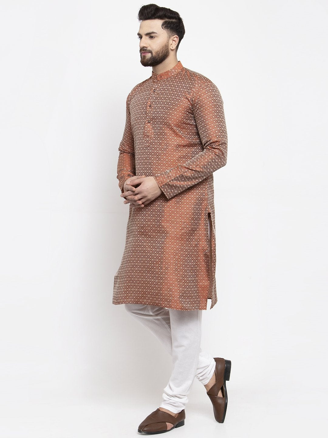Men's Orange & White Woven Design Kurta with Churidar ( JOKP 596 Orange ) - Virat Fashions