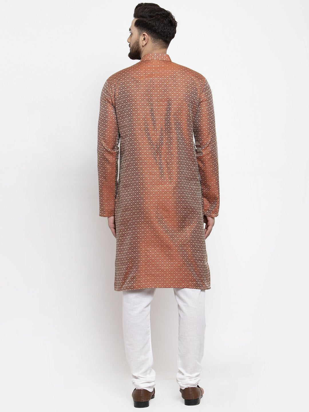 Men's Orange & White Woven Design Kurta with Churidar ( JOKP 596 Orange ) - Virat Fashions
