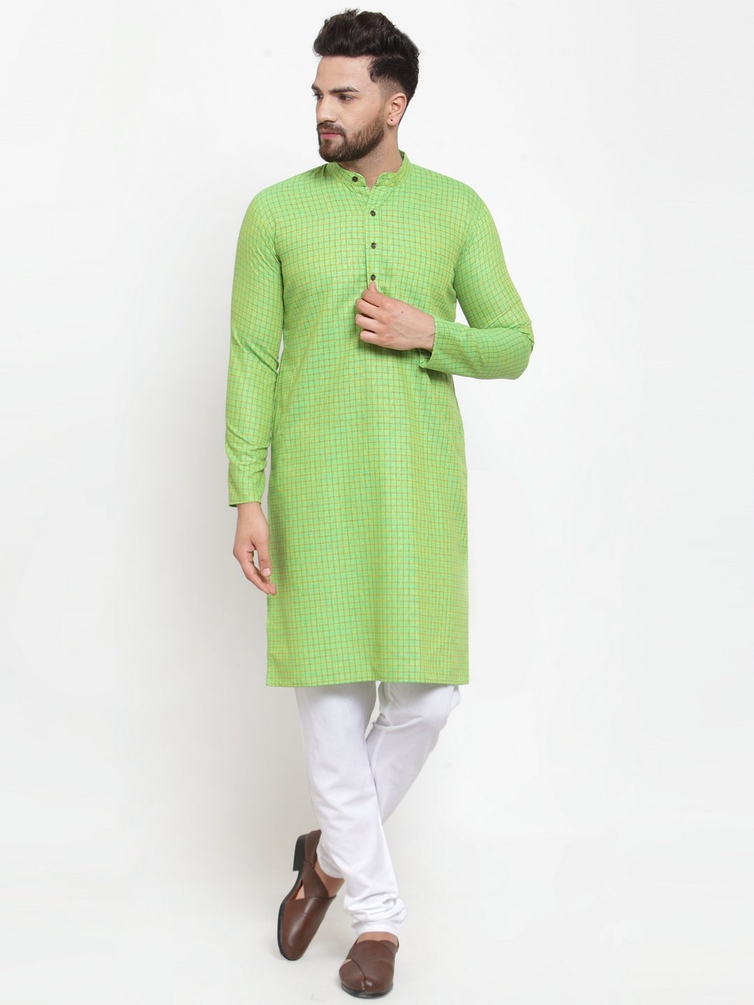 Men's Green Checked Self Design Kurta with White Churidar ( JOKP 603Green ) - Virat Fashions