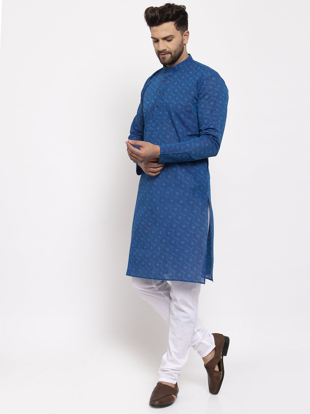 Men's Blue Cotton Printed Kurta Payjama Set ( JOKP 604 Blue ) - Virat Fashions