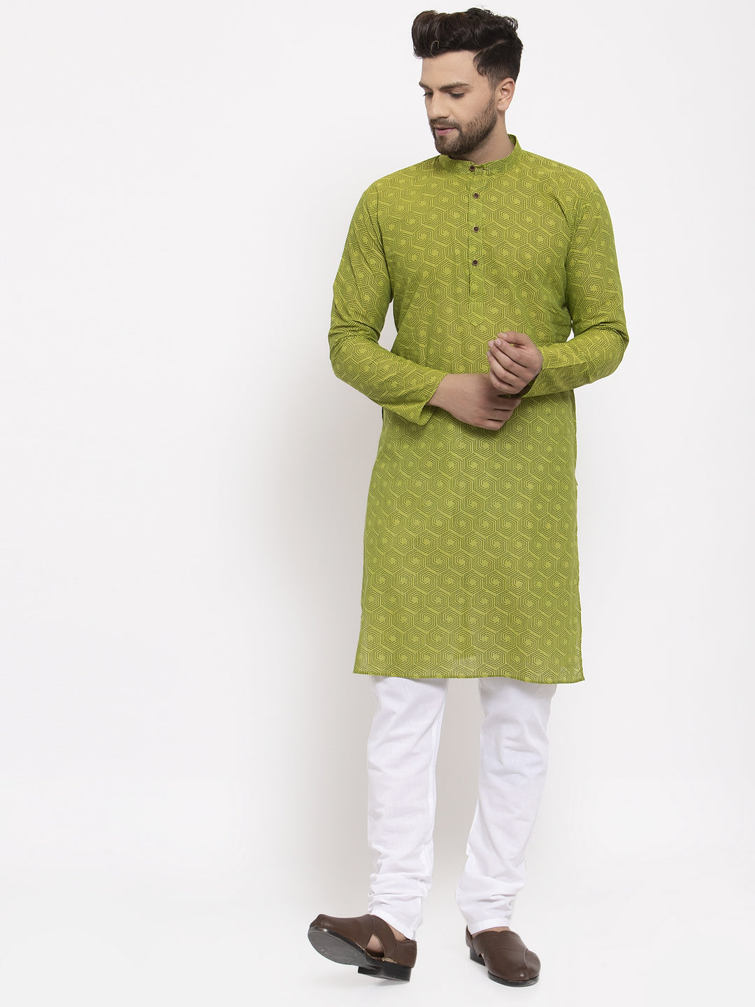 Men's Green Cotton Printed Kurta Payjama Set ( JOKP 604 Green ) - Virat Fashions