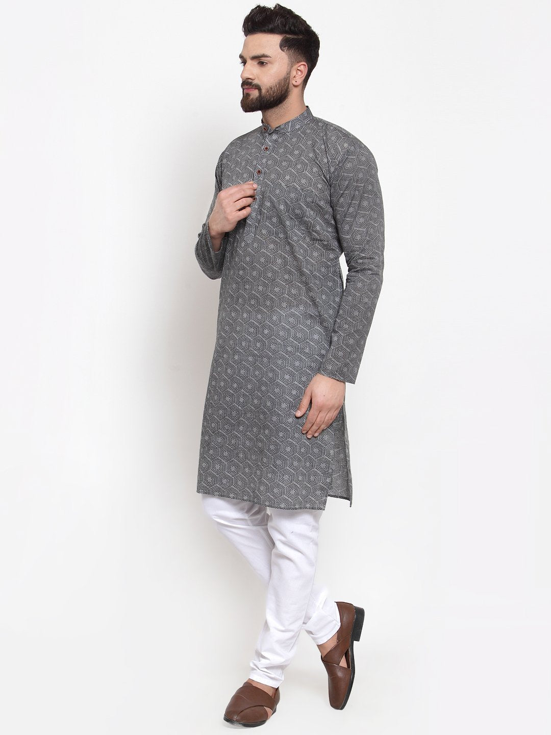 Men's Grey Printed Kurta with White Churidar ( JOKP 604 Grey ) - Virat Fashions