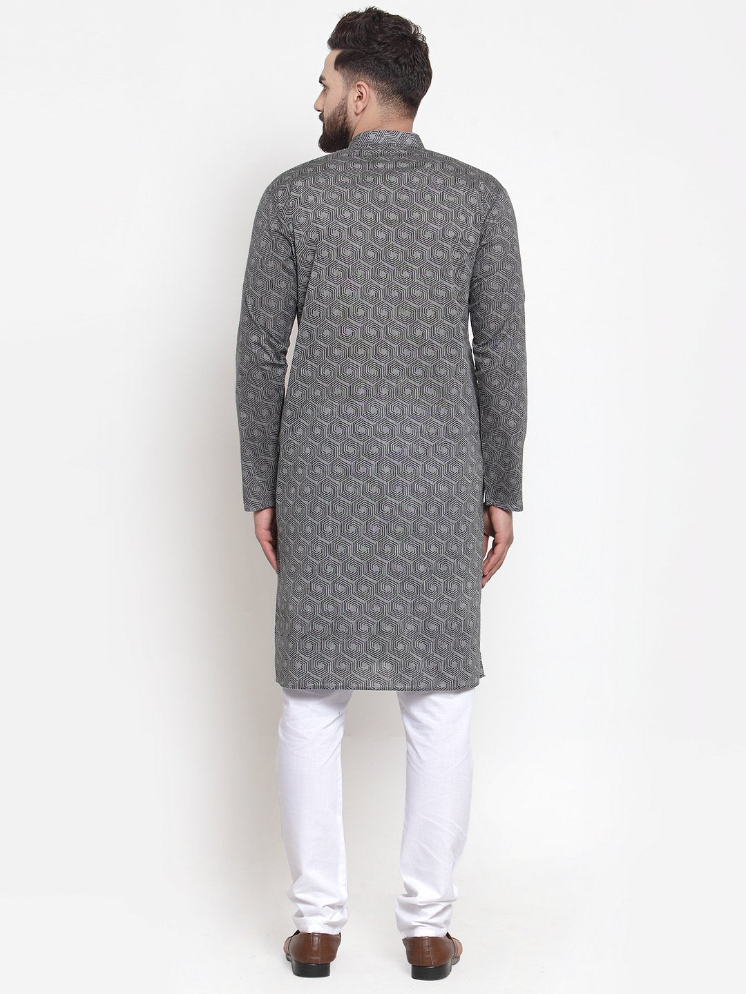 Men's Grey Printed Kurta with White Churidar ( JOKP 604 Grey ) - Virat Fashions