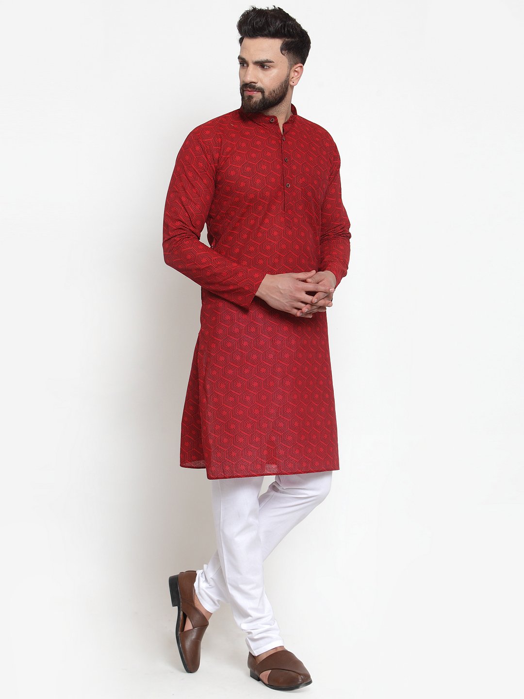 Men's Red Printed Kurta with White Churidar ( JOKP 604 Red ) - Virat Fashions