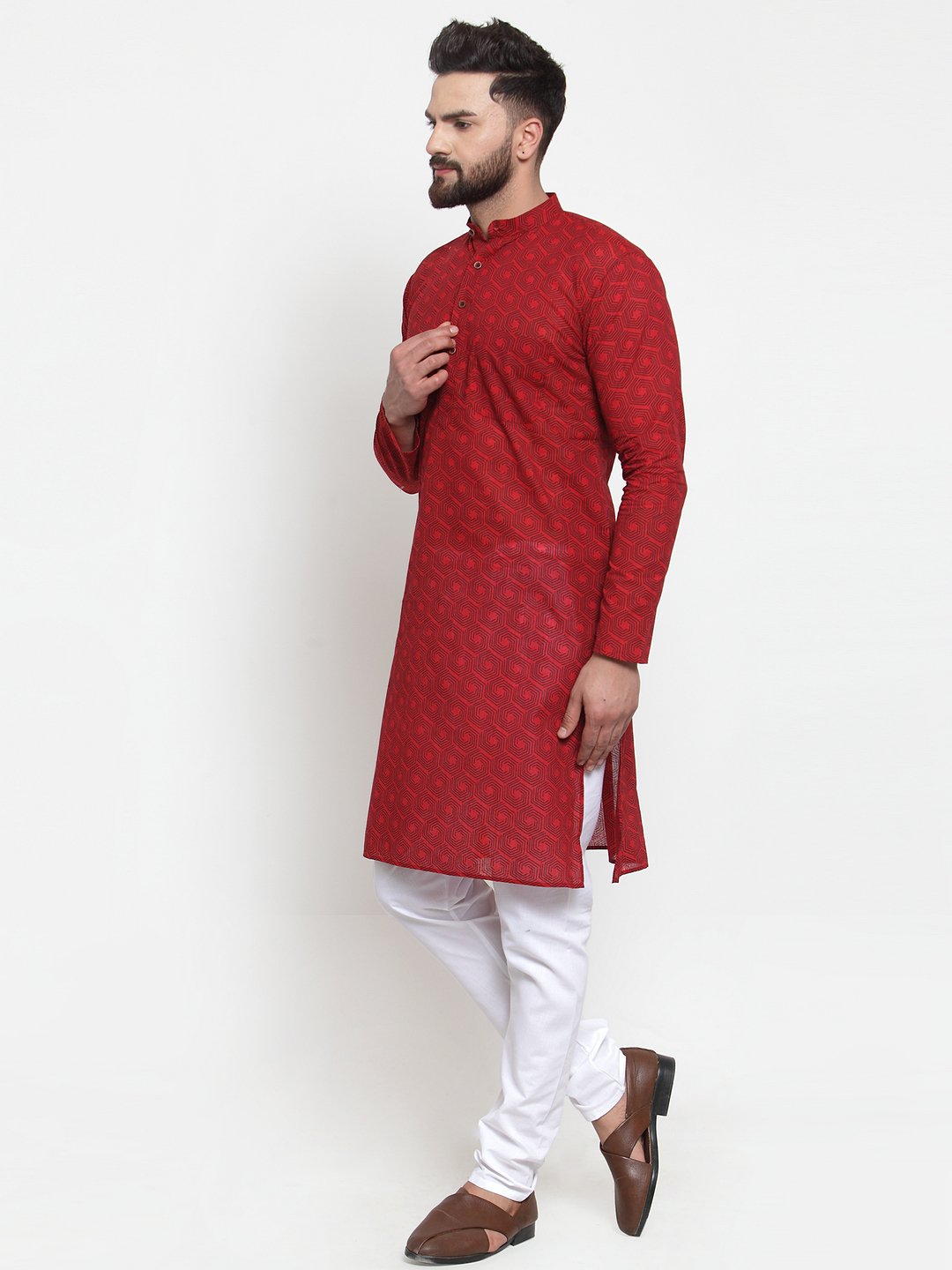 Men's Red Printed Kurta with White Churidar ( JOKP 604 Red ) - Virat Fashions