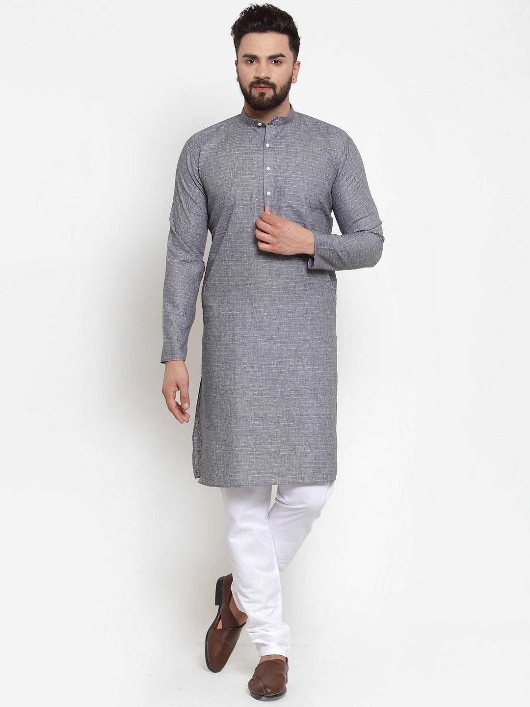 Men's Grey Self-design Kurta with Churidar ( JOKP 605 Grey ) - Virat Fashions
