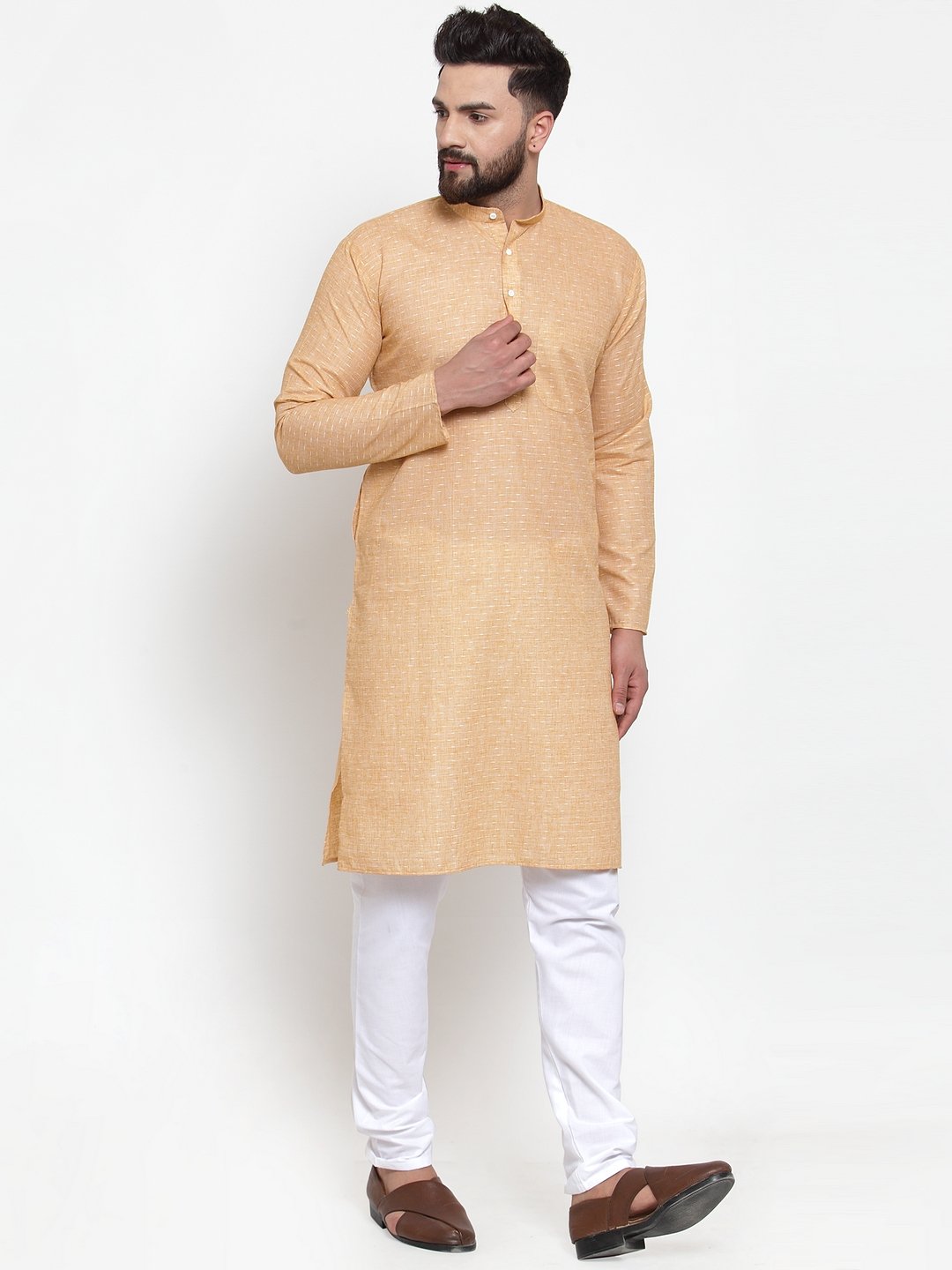 Men's Orange Self-design Kurta with Churidar ( JOKP 605 Orange ) - Virat Fashions