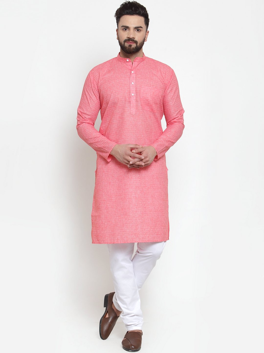 Men's Pink Self-design Kurta with Churidar ( JOKP 605 Pink ) - Virat Fashions