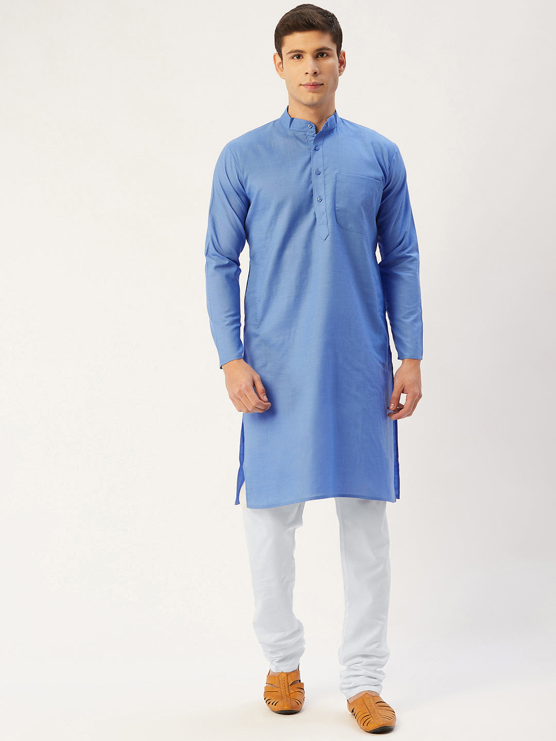 Men's Blue Cotton Solid Kurta Pyjama ( JOKP 611 Blue ) - Virat Fashions