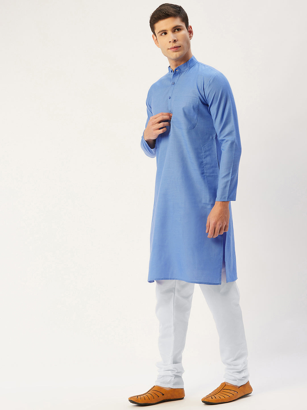 Men's Blue Cotton Solid Kurta Pyjama ( JOKP 611 Blue ) - Virat Fashions