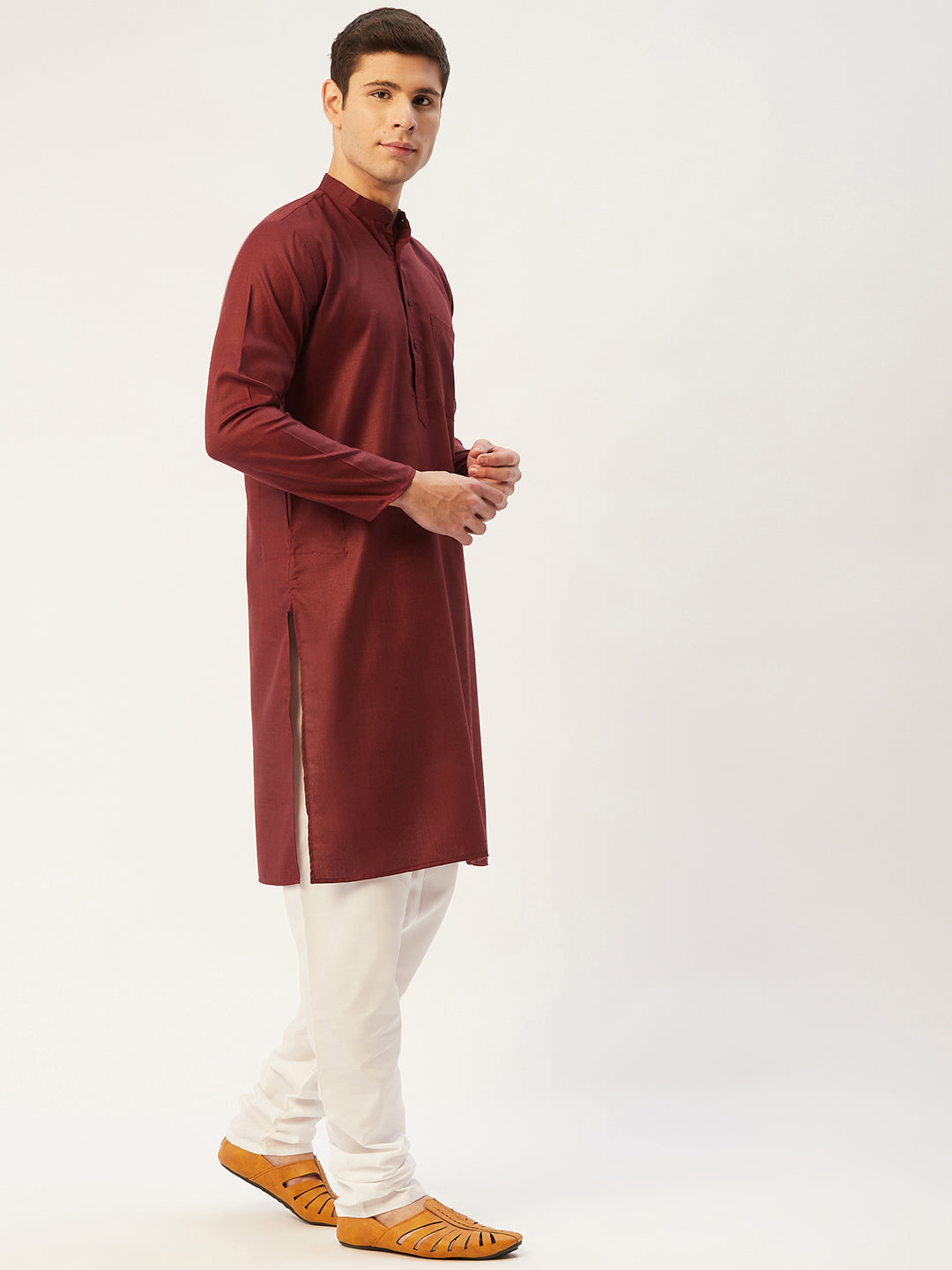 Men's Maroon Cotton Solid Kurta Pyjama ( JOKP 611 Maroon ) - Virat Fashions
