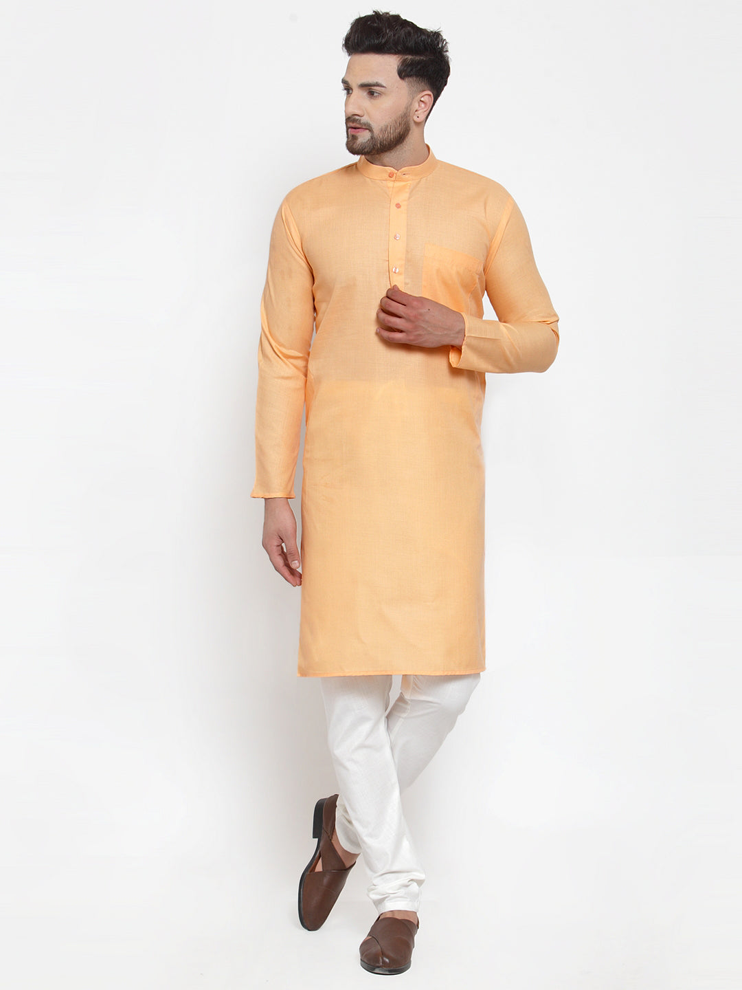 Men's Orange Cotton Solid Kurta Pyjama Sets ( Jokp 611 Orange ) - Virat Fashions