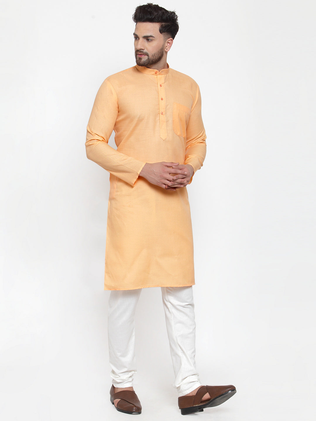 Men's Orange Cotton Solid Kurta Pyjama Sets ( Jokp 611 Orange ) - Virat Fashions
