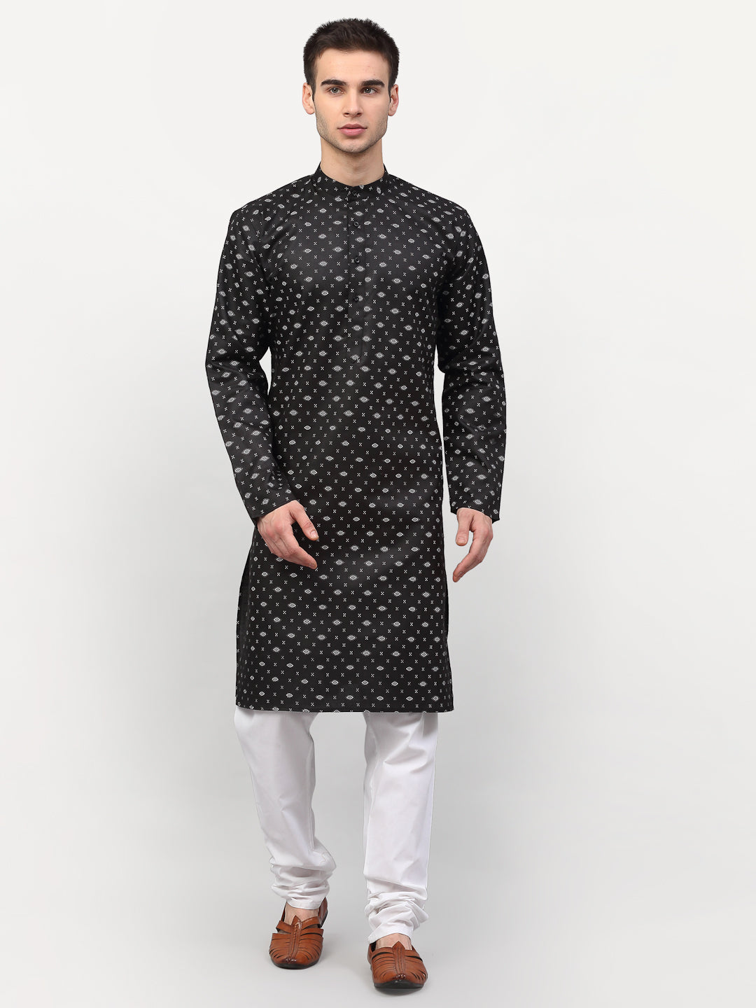 Men's Black Printed Cotton Kurta Payjama Sets ( JOKP 614 Black ) - Virat Fashions