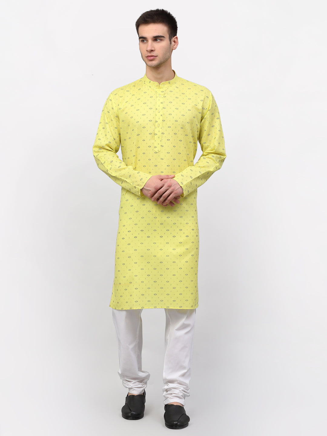 Men's Lemon Printed Cotton Kurta Payjama Sets ( JOKP 614 Lemon ) - Virat Fashions