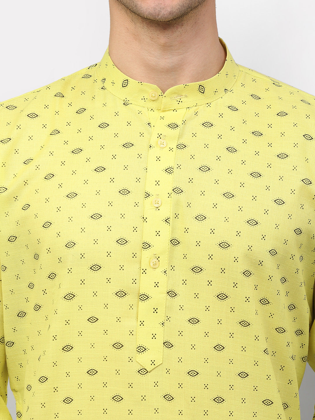 Men's Lemon Printed Cotton Kurta Only ( KO 614 Lemon ) - Virat Fashions