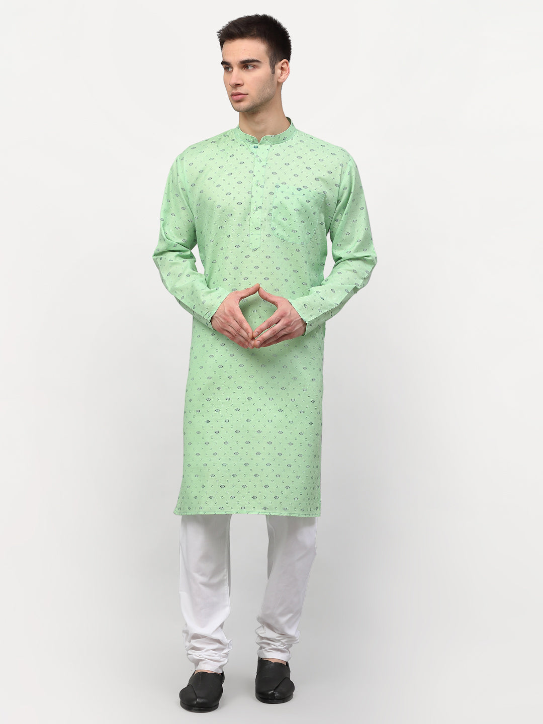 Men's Green Printed Cotton Kurta Payjama Sets ( JOKP 614 Green ) - Virat Fashions