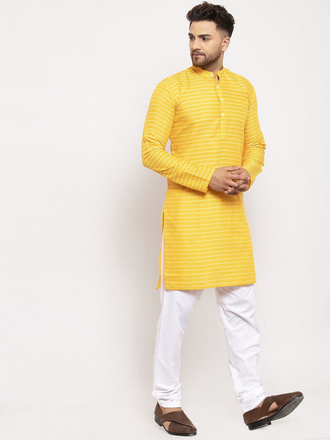 Men's Yellow Woven Design Straight Kurta Only ( KO 616 Yellow ) - Virat Fashions