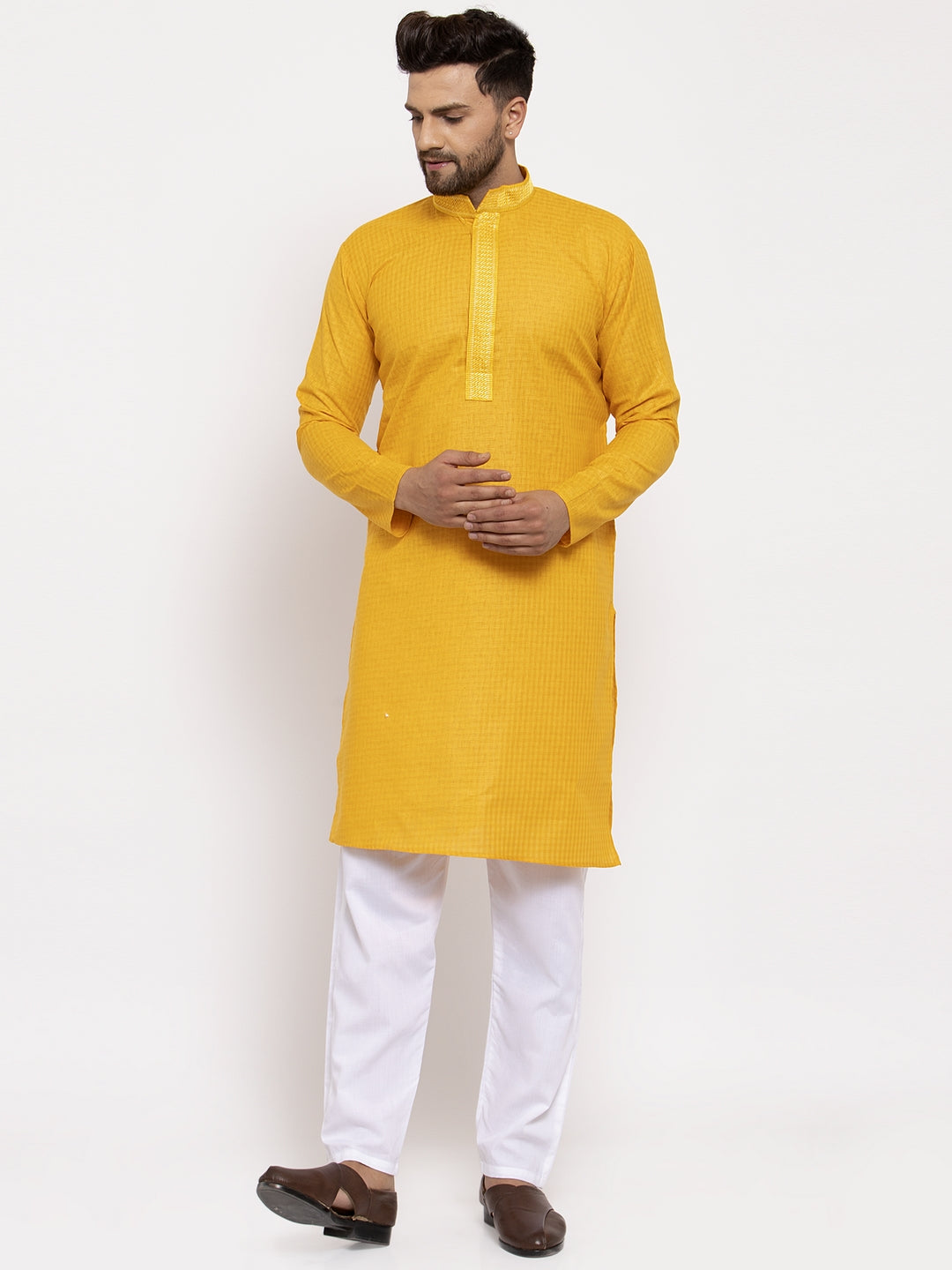 Men's Mustard Woven Kurta Payjama Sets ( JOKP 617 Mustard ) - Virat Fashions