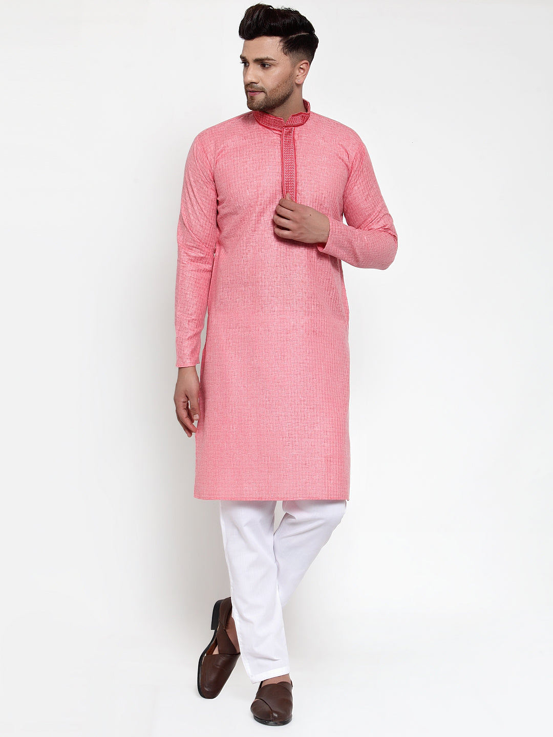 Men's Pink Woven Kurta Payjama Sets ( JOKP 617 Pink ) - Virat Fashions