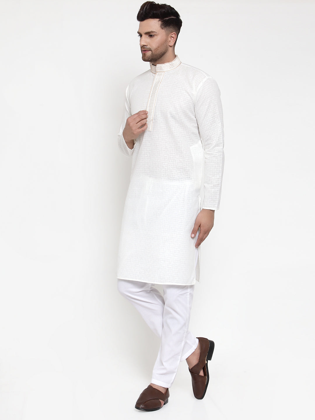 Men's White Woven Kurta Payjama Sets ( JOKP 617 White ) - Virat Fashions