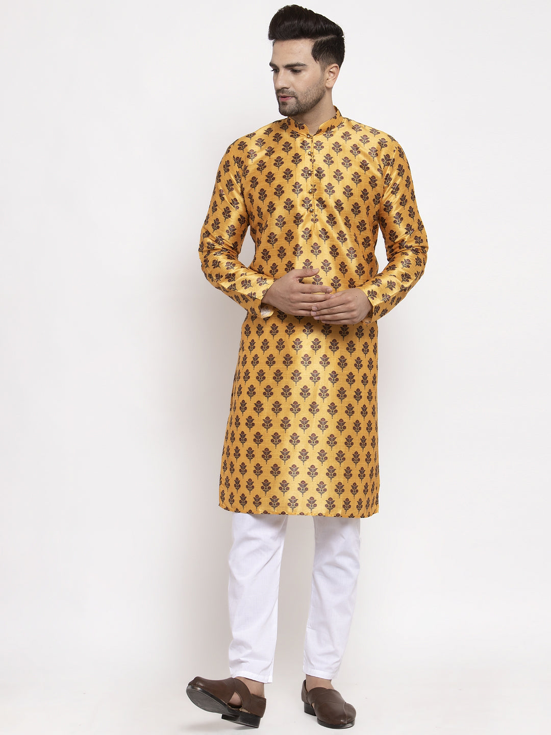 Men's Yellow Printed Kurta Only ( KO 624 Yellow ) - Virat Fashions