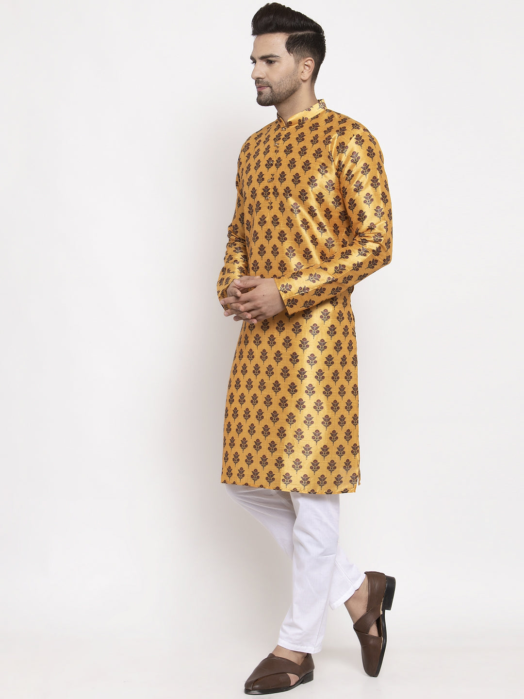 Men's Yellow Printed Kurta Payjama Sets ( JOKP 624 Yellow ) - Virat Fashions