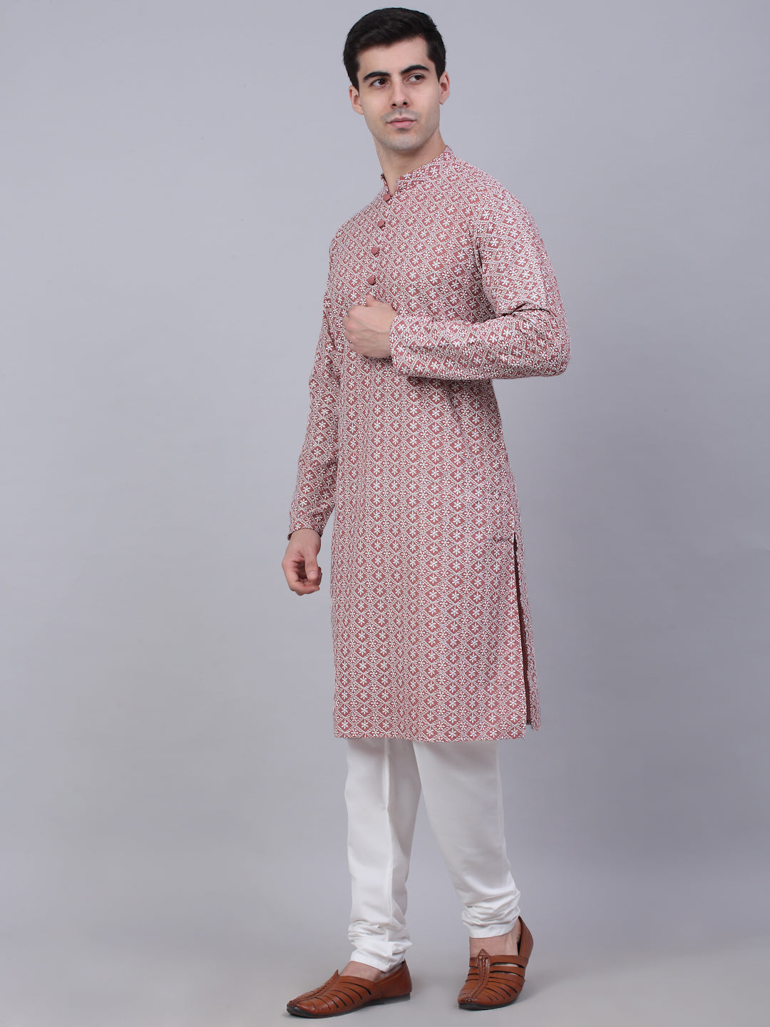 Men's Coral Red & White Embroidered Straight Kurta Pyjama Set ( Jokp 626 Coral ) - Virat Fashions