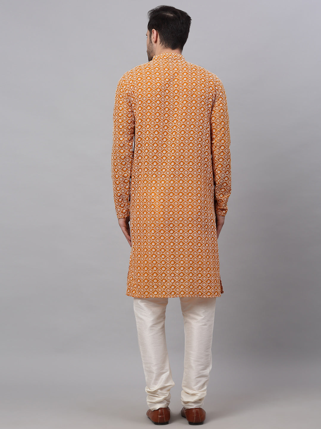 Men's Mustard & White Embroidered Straight Kurta Pyjama Set ( Jokp 626 Mustard ) - Virat Fashions