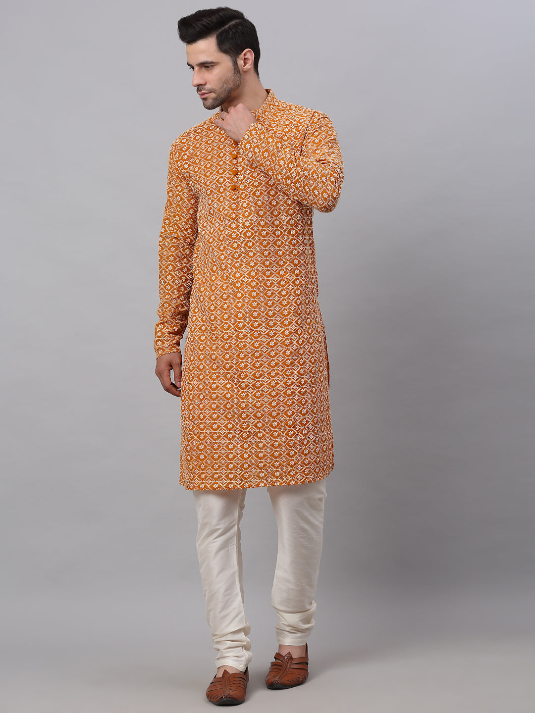 Men's Mustard & White Embroidered Straight Kurta Pyjama Set ( Jokp 626 Mustard ) - Virat Fashions