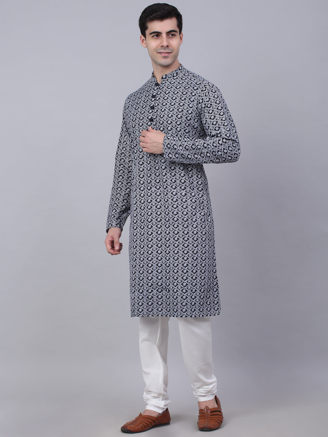 Men's Navy Blue & White Embroidered Straight Kurta Pyjama Set ( Jokp 626 Navy ) - Virat Fashions