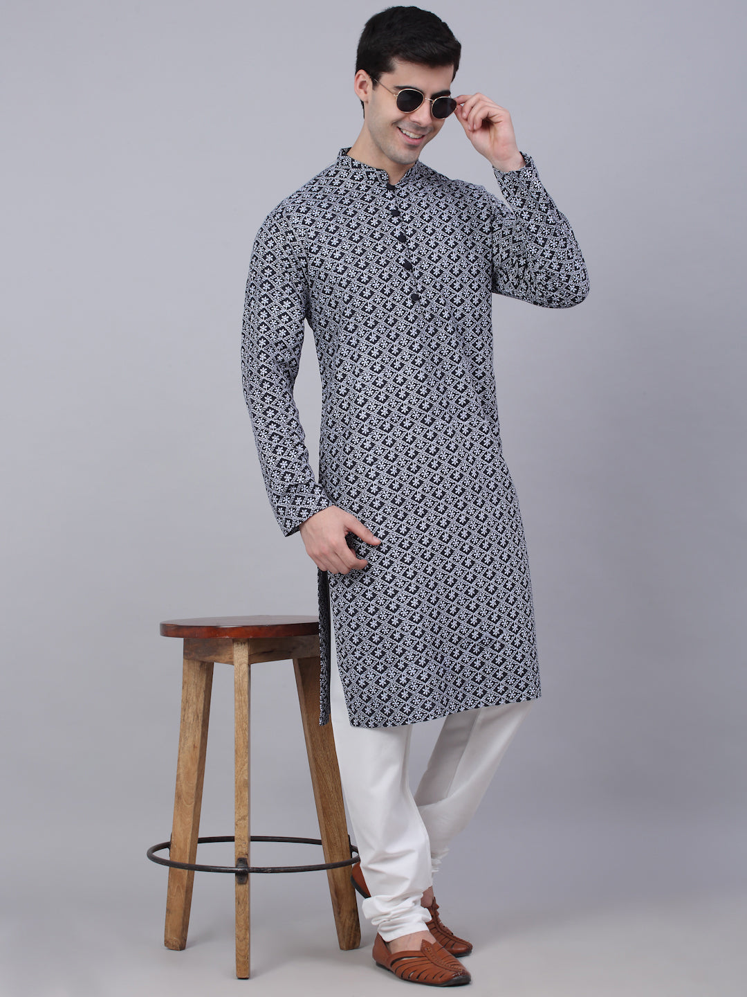 Men's Navy Blue & White Embroidered Straight Kurta Pyjama Set ( Jokp 626 Navy ) - Virat Fashions