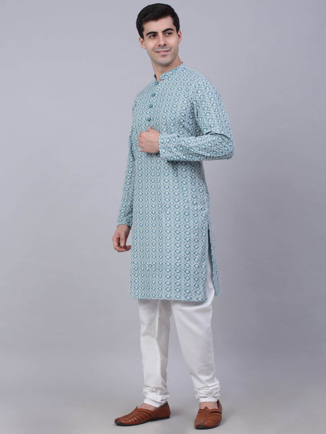Men's Teal Blue & White Embroidered Straight Kurta Pyjama Set ( Jokp 626 Teal ) - Virat Fashions