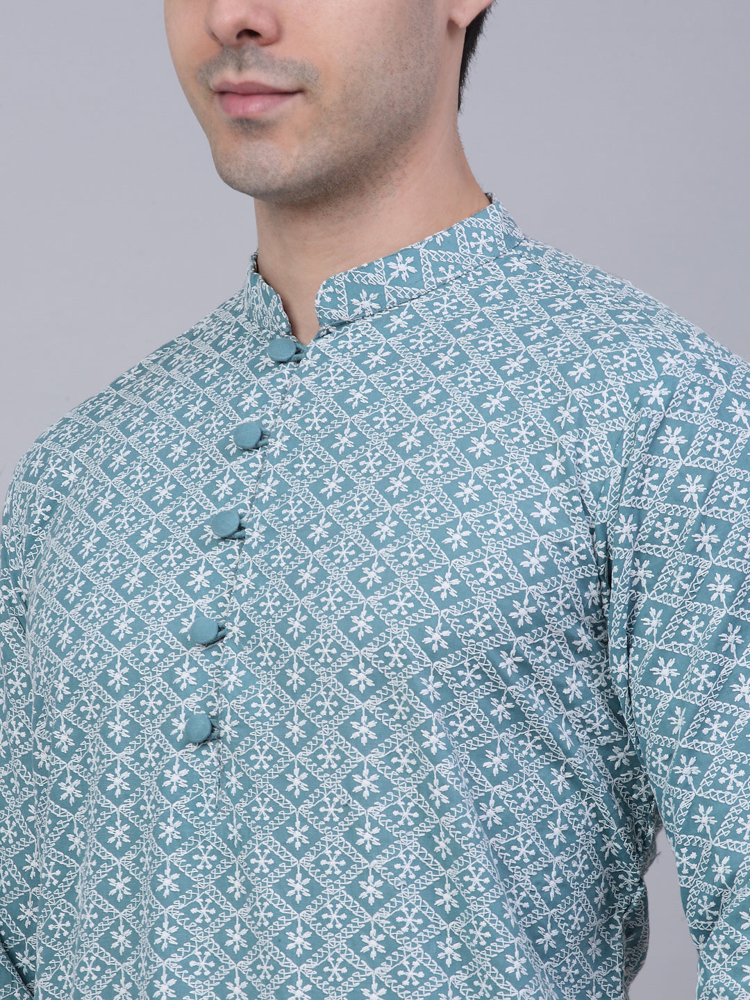Men's Teal Blue & White Embroidered Straight Kurta Pyjama Set ( Jokp 626 Teal ) - Virat Fashions
