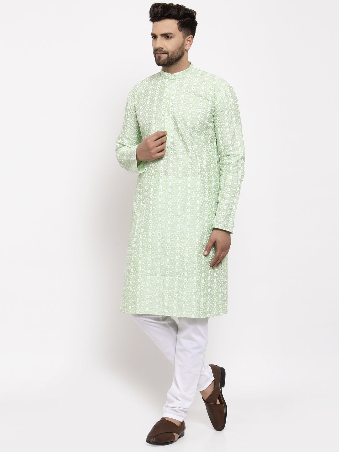 Men's Mint Green Embroidered Kurta with Pyjamas ( JOKP 633 Green ) - Virat Fashions
