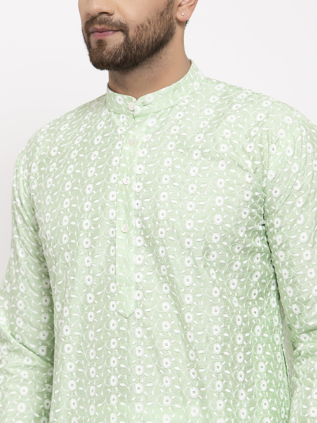 Men's Mint Green Embroidered Kurta with Pyjamas ( JOKP 633 Green ) - Virat Fashions