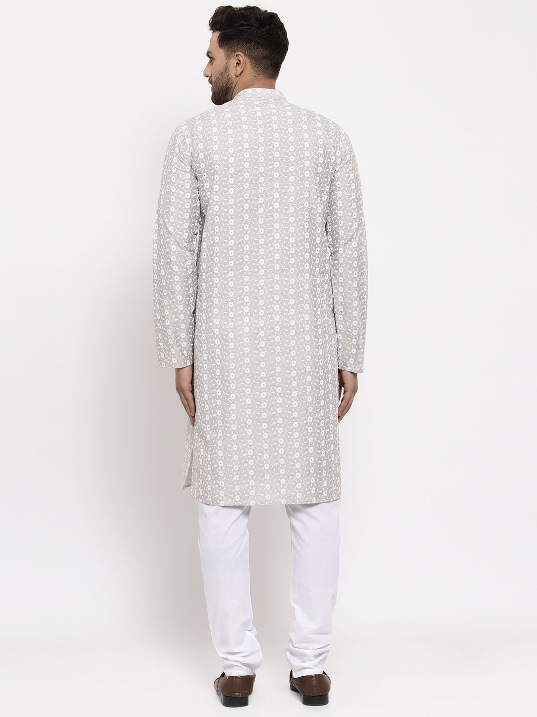 Men's Light Grey Embroidered Kurta with Pyjamas ( JOKP 633 Grey ) - Virat Fashions