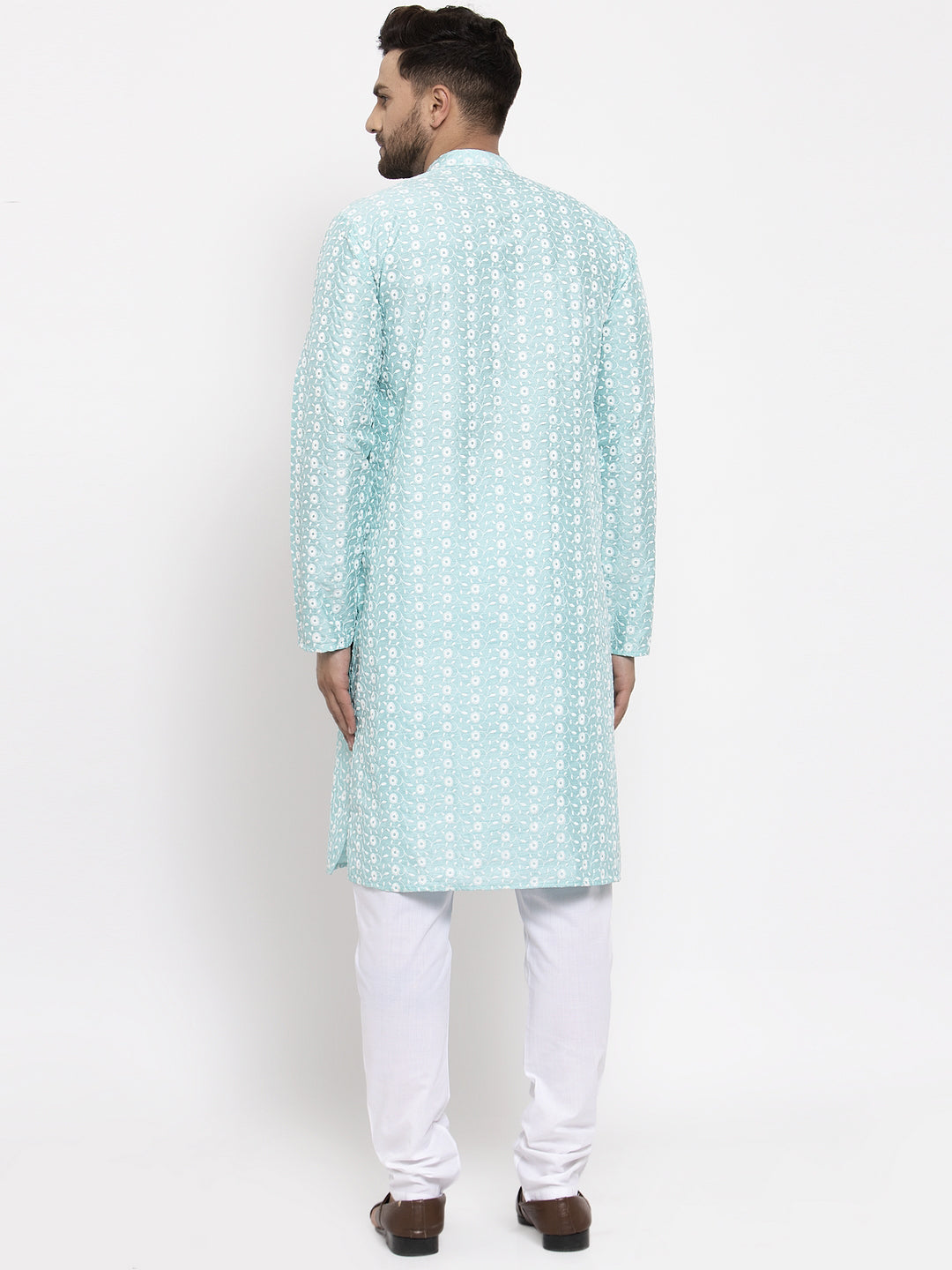 Men's Turquoise Blue Embroidered Kurta with Pyjamas ( JOKP 633 Sky ) - Virat Fashions