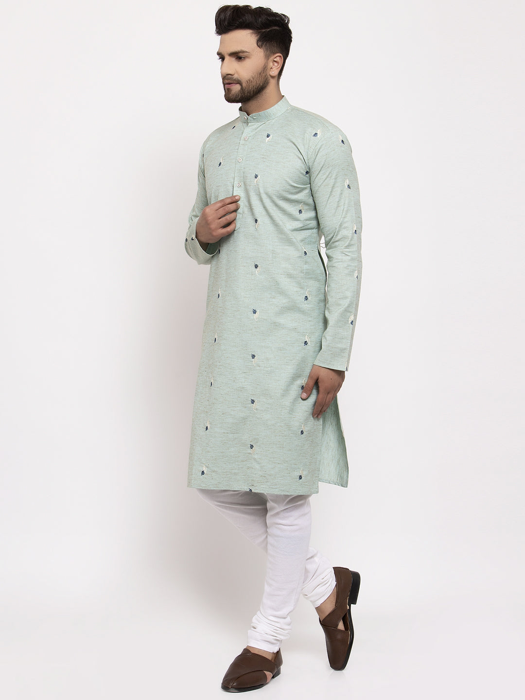 Men's Green Printed Cotton Kurta Only ( KO 635 Green ) - Virat Fashions