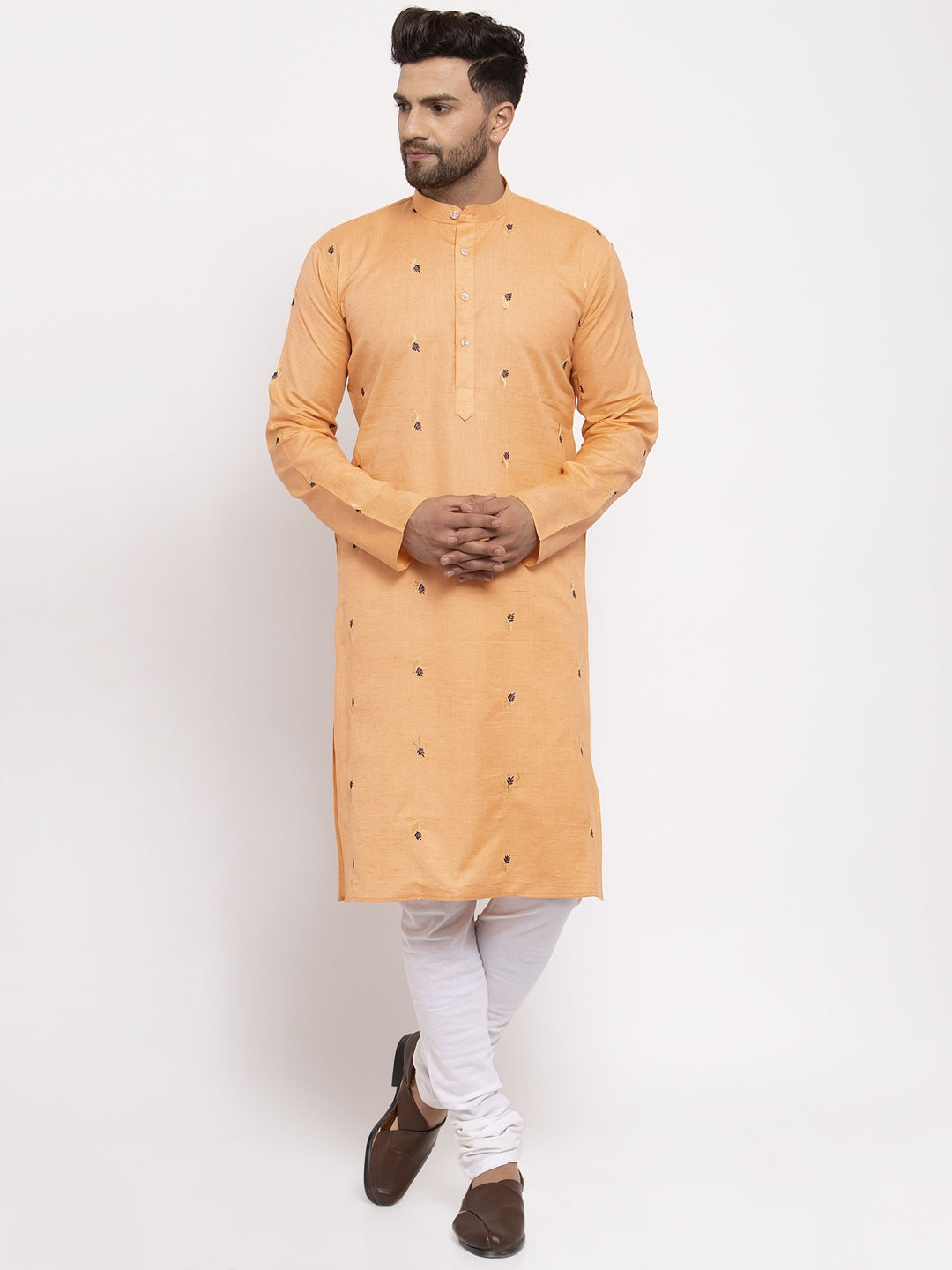 Men's Orange Printed Cotton Kurta Payjama Sets ( JOKP 635 Orange ) - Virat Fashions