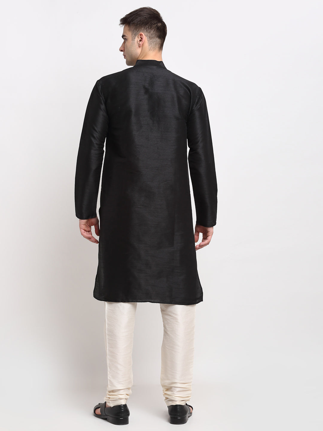 Men's Black Solid Dupion Silk Kurta Payjama Set ( JOKP 636 Black ) - Virat Fashions