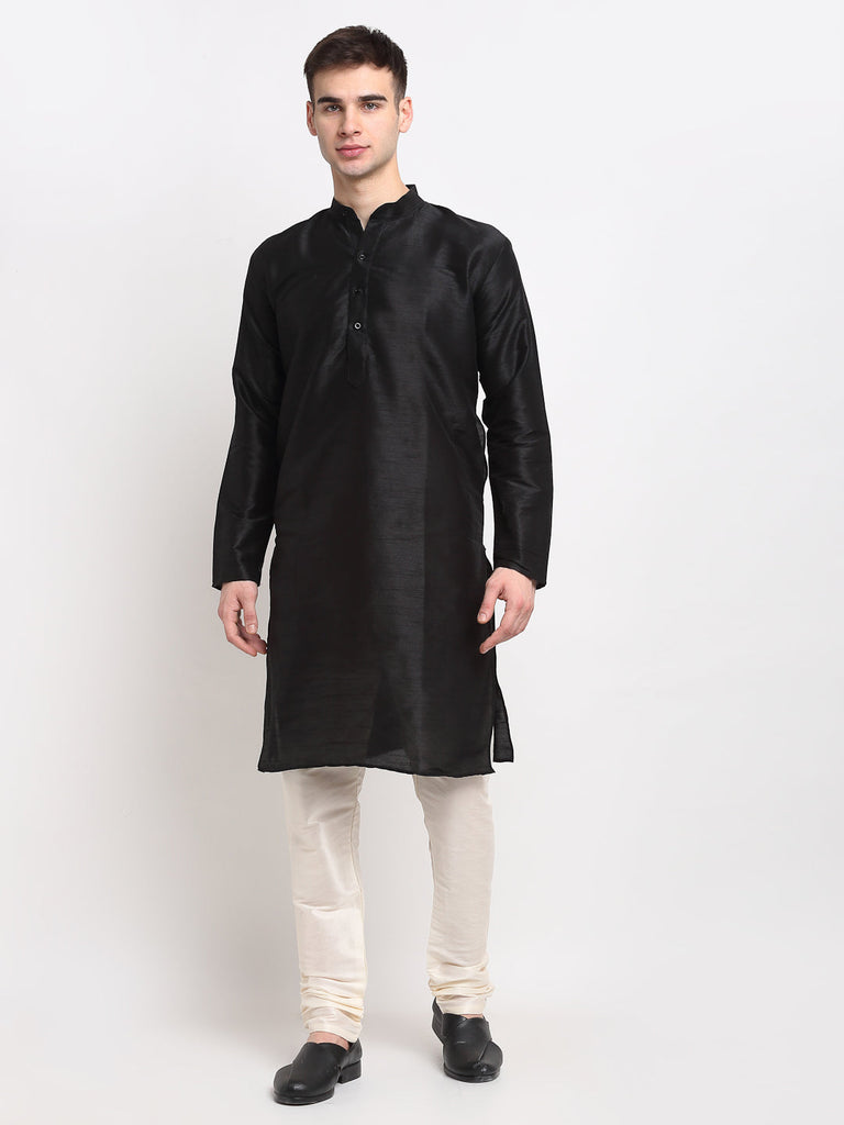 Men's Black Solid Dupion Silk Kurta Payjama Set ( JOKP 636 Black )